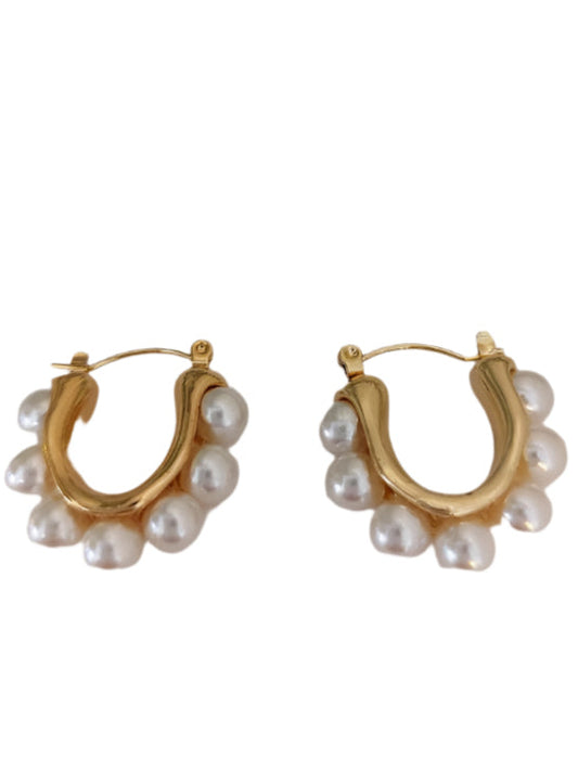 Steel earrings, small hoops with white pearls