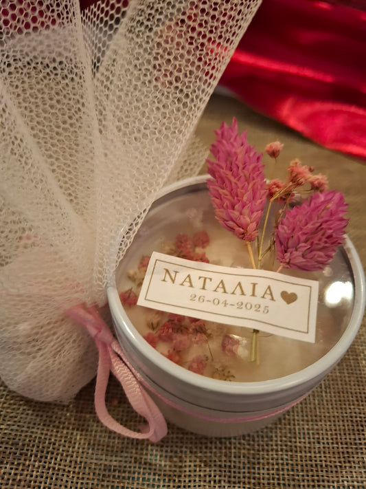 Christening favor soy candle with dried flowers