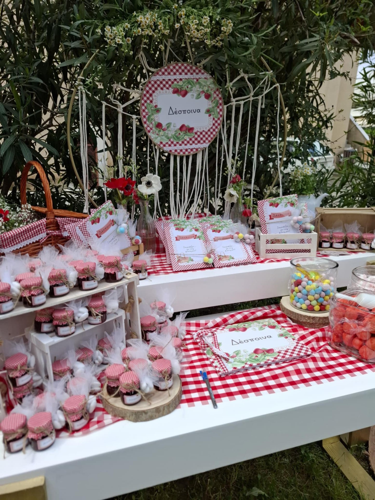 Διακόσμηση βάπτισης με θέμα πικνίκ και φράουλα
