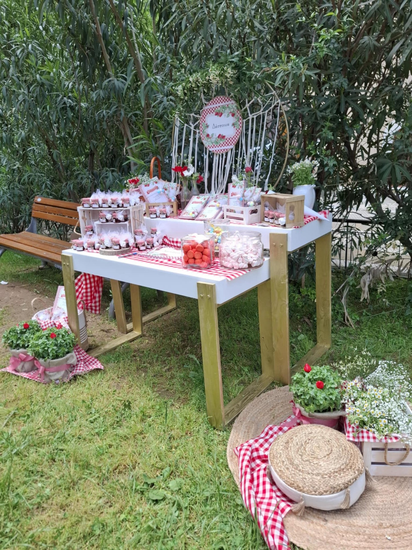 Διακόσμηση βάπτισης με θέμα πικνίκ και φράουλα
