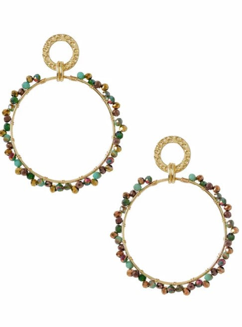 Earrings - circle with colorful bead - gold/green