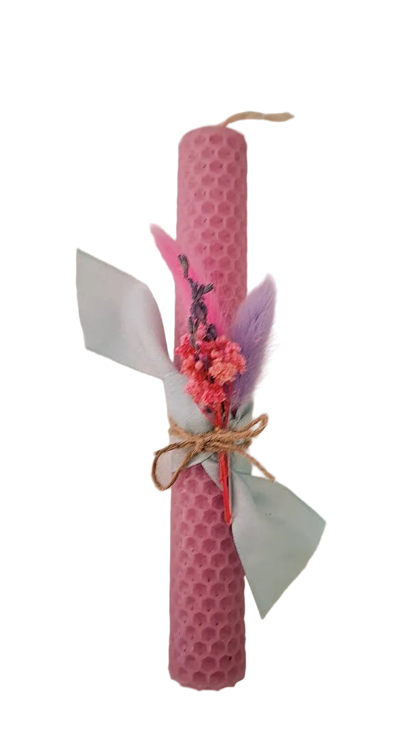 Λαμπάδα με φύλλα κηρήθρα ροζ με αποξηραμένα λουλούδια