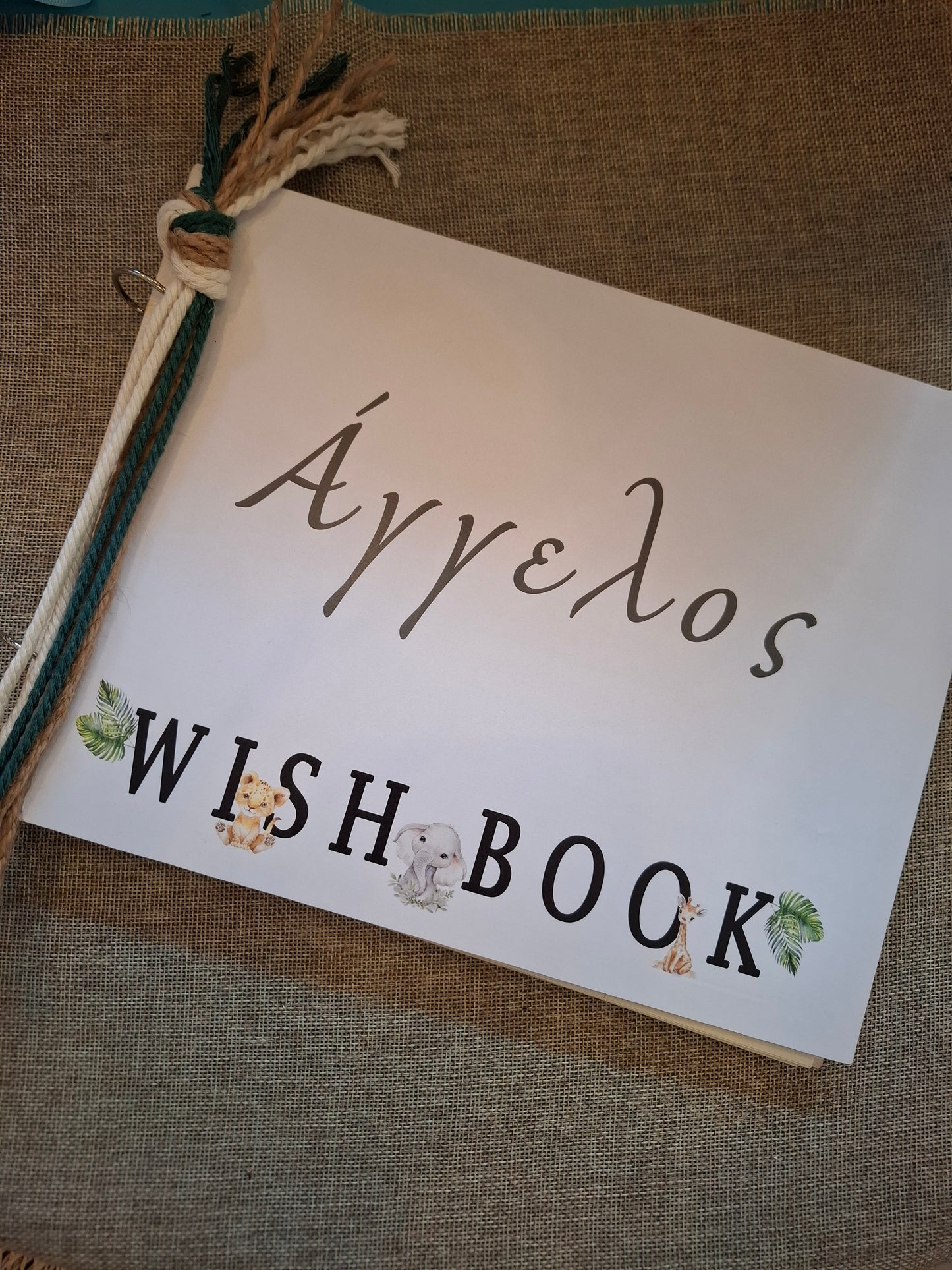 Wooden Baptism Wish Book with jungle animals