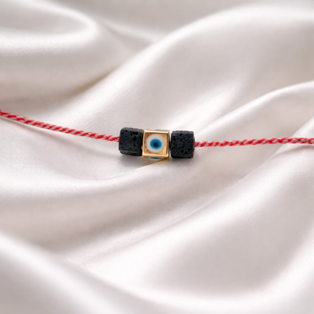 Μαρτάκι με μεταλλικη χάντρα ματάκι και μαύρη πέτρα υφαιστιακή