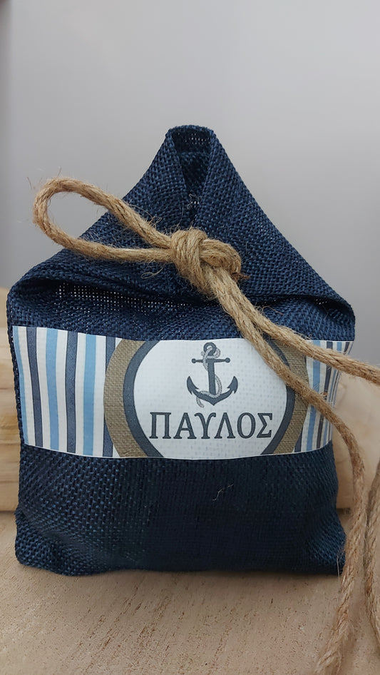 Μπομπονιέρα Βάπτισης πουγκί με ναυτικό θέμα