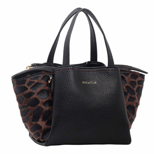 Τσάντα χειρός μαύρη με λουράκι χιαστί με animal print