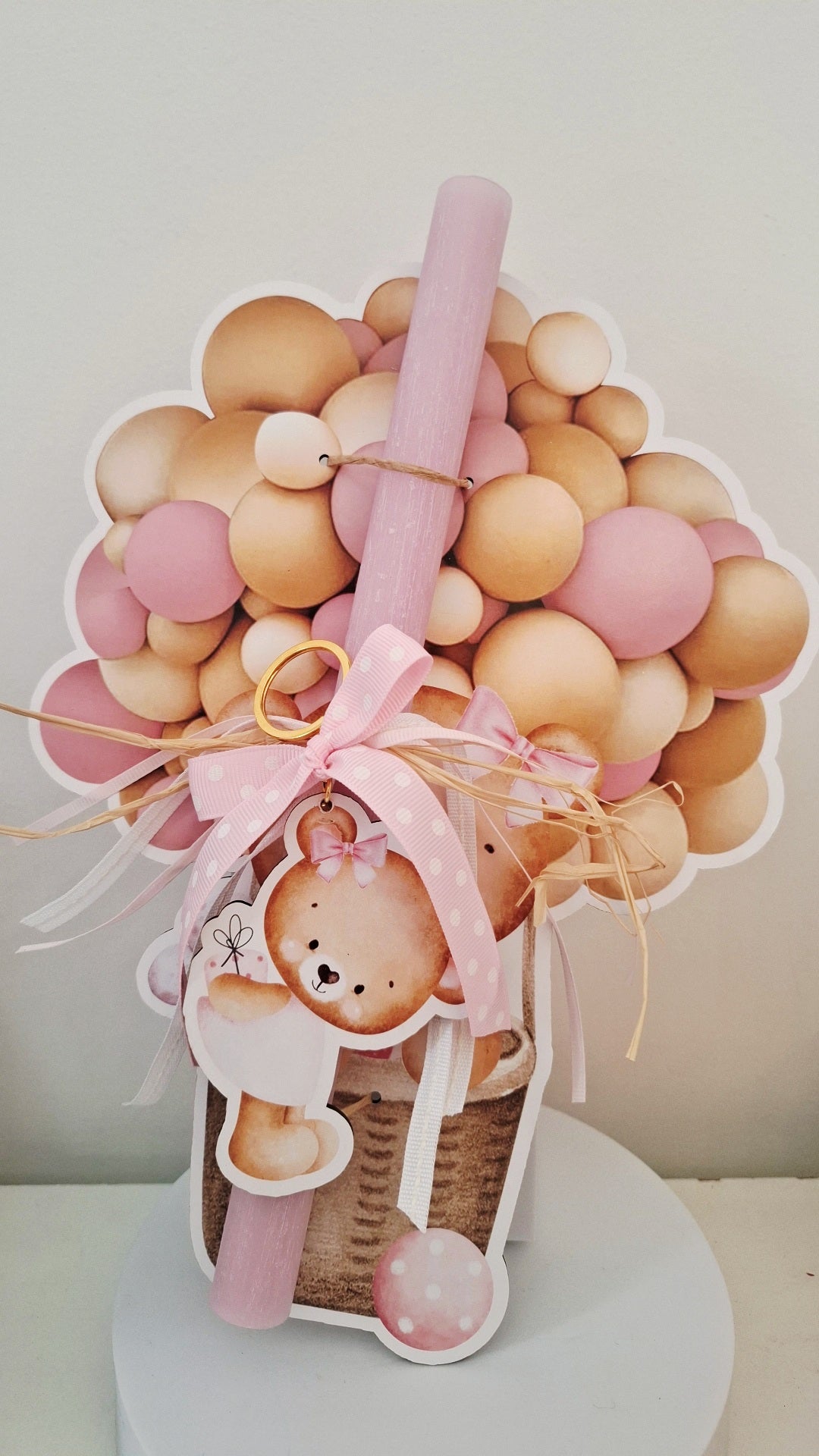 Πασχαλινή Λαμπάδα με αρκουδάκι σε αερόστατο με ροζ λεπτομέρειες