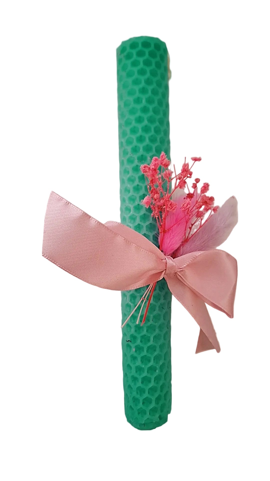 Λαμπάδα με φύλλα κηρήθρας στο χρώμα της μέντας με αποξηραμένα λουλούδια