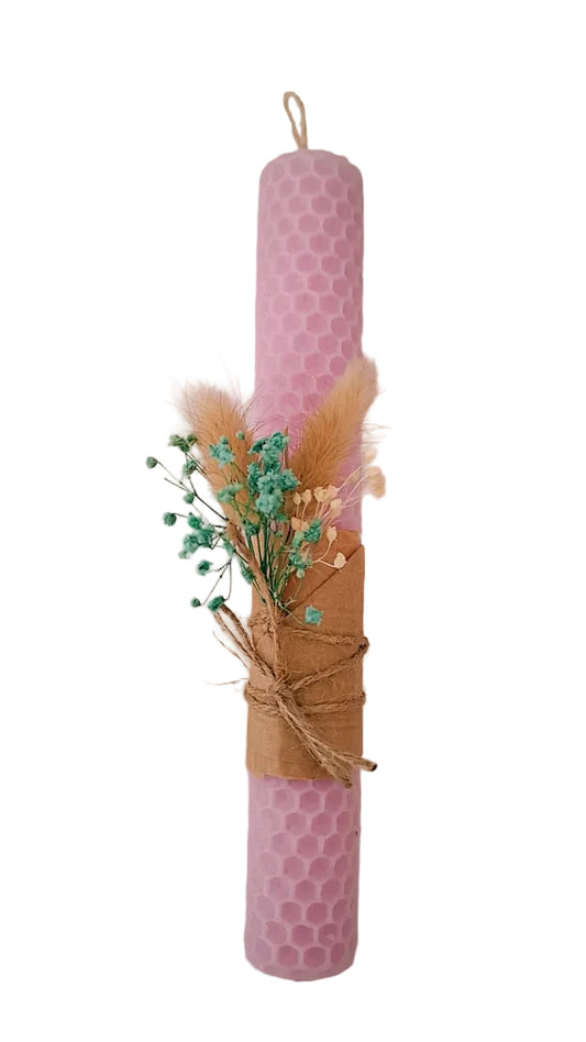 Λαμπάδα κηρήθρα ροζ με αποξηραμένα λουλούδια